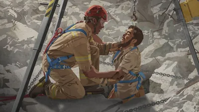 The man from the previous article who was trapped in the rubble of a collapsed building, being hoisted out of the debris by a rescue worker.