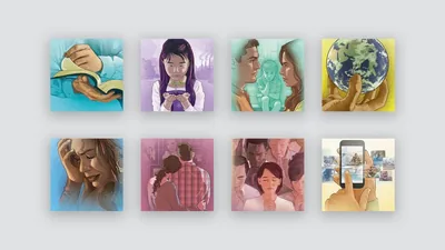 Collage: Various tracts. 1. “How Do You View the Bible?” 2. “How Do You View the Future?” 3. “What Is the Key to Happy Family Life?” 4. “Who Really Controls the World?” 5. “Will Suffering Ever End?” 6. “Can the Dead Really Live Again?” 7. “What Is the Kingdom of God?” 8. “Where Can We Find Answers to Life’s Big Questions?”