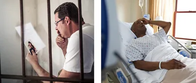 Collage: 1. A brother in a prison cell, reading a letter from his family. 2. A brother in a hospital bed.