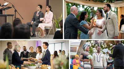 Collage: Brothers and sisters enjoying themselves at Christian weddings around the world. 1. A bride and groom sit before a brother who is giving their wedding talk at a Kingdom Hall. 2. A couple congratulate a bride and groom at an outdoor wedding reception. 3. A bride and groom get food at a buffet line with their guests. 4. A bride and groom stand before a brother who is giving their wedding talk outdoors.