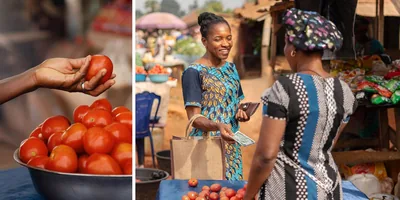 Collage: 1. A woman chooses a tomato at an outdoor market. 2. She hands money to the vendor to pay for her groceries.