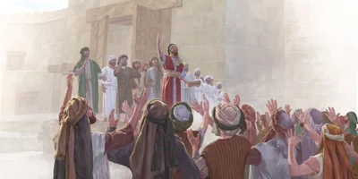 Ezra praises Jehovah in the public square and the people raise their hands in agreement