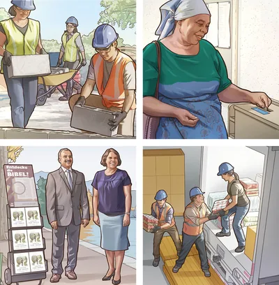 Collage: Ways to give a sacrifice. 1. Brothers and sisters assist with the construction of a Kingdom Hall. 2. An older sister puts a donation into a contribution box. 3. A couple engage in cart witnessing. 4. Brothers and sisters share in relief work.