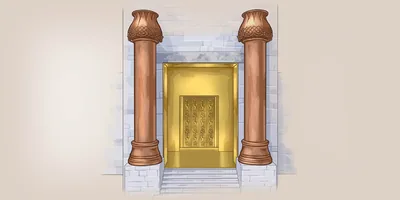 The porch of the temple with the two copper pillars on both sides of the entrance.