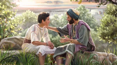 King Solomon sitting outdoors with his son, giving him advice.