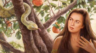 Eve listening as the Devil uses a serpent to speak to her from a tree.