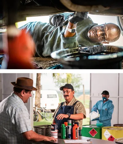 Collage: 1. A man repairs an oil leak under his car. He uses a drain pan to collect the dripping oil. 2. A man drops off used chemical containers at a recycling center for proper disposal.