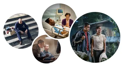 Collage: Brothers and sisters facing trials. 1. A downhearted brother sits outside on a set of stairs after he loses his job. 2. An imprisoned brother is interrogated by an officer. 3. A sister at a hospital prays silently at her sick husband’s bedside. 4. A couple in distress after surviving a natural disaster.