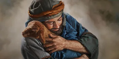 A shepherd lovingly cradling his lamb in his arms.