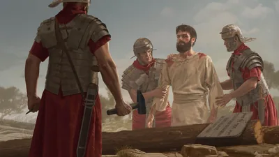 Roman soldiers preparing to nail Jesus to a torture stake. Two Roman soldiers bring Jesus to the stake while another Roman soldier holds a hammer and a nail.
