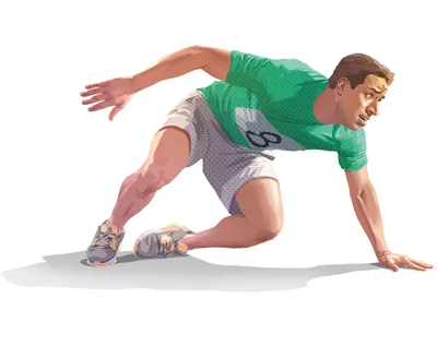 A runner in a race getting up after a fall.