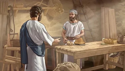 Jesus approaching his brother James in a carpentry shop. James is surprised to see him.