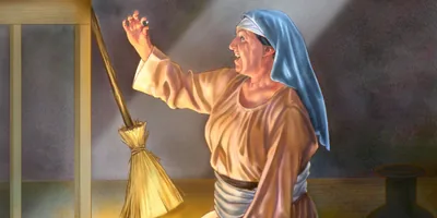 A woman rejoices over finding her lost drachma coin