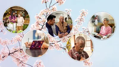 A blooming cherry blossom branch; insets of various ways brothers and sisters can remain joyful in their old age. The scenes are repeated in paragraphs 9-13.