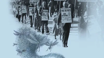 Brothers and sisters preaching with signs and placards. A swarm of locusts below them.