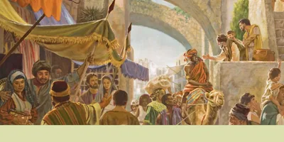 Jesus’ disciples preaching to Jews and proselytes on a busy street.