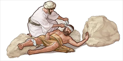 The good Samaritan bandages an injured Jewish traveler
