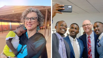 Collage: 1. Anne smiling as she holds a young girl in her arms. 2. Paul and a few young brothers taking a selfie.
