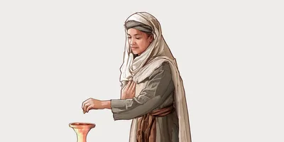 A poor widow puts coins in the temple treasury chest