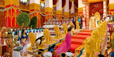 The Queen of Sheba approaches King Solomon’s throne