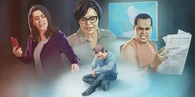 Collage: An anguished man reflecting on the hatred that surrounds him. 1. A woman with a phone in her hand belittles him. 2. Another woman looks down on him. 3. A man reading the newspaper snarls at him. 4. A news reporter on TV.