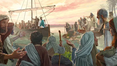 Jesus arrives by boat and then teaches a large crowd