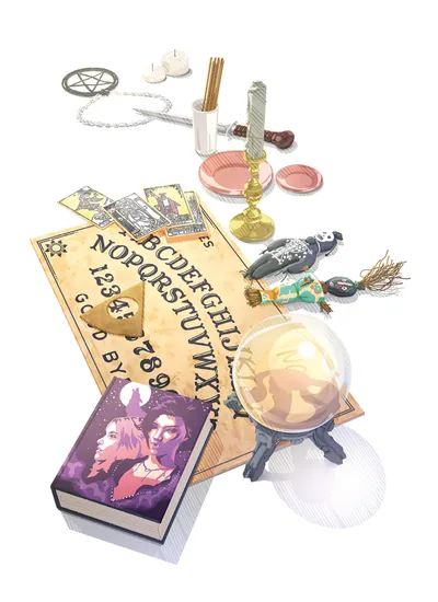 Various objects related to the occult and spiritism, including a board used to seek supernatural messages, a crystal ball, a book about vampires, tarot cards, voodoo dolls, incense, amulets, and charms.