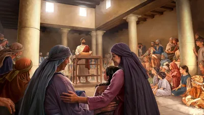 Jesus speaking in a synagogue, with an opened scroll in his hands. A group of men, women, and children listen attentively.