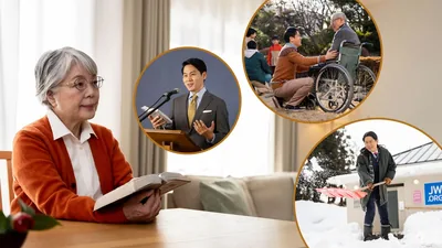 Collage: An older sister reading her Bible and thinking about different ways that the elders work hard. 1. An elder gives a talk at a congregation meeting. 2. He assists a brother in a wheelchair. 3. He shovels snow outside the Kingdom Hall.