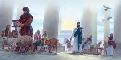 Jesus uses a whip to drive animals out of the temple and overturns the tables of the money changers