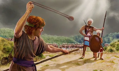 David whirls a sling over his head and runs to meet Goliath