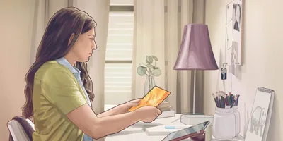 An illustration based on the video “We Must ‘Run With Endurance’​—Eat Nutritious Food.” Rebekah uses the brochure “The Origin of Life​—Five Questions Worth Asking” to do research.