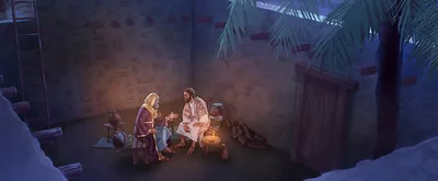 Jesus and Nicodemus conversing at night in a courtyard.
