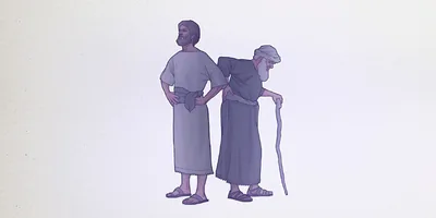 A young man stands erect and an old man stands with the aid of a cane