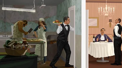 A waiter carries contaminated food out of a dirty kitchen; a man enjoys the contaminated food the waiter has served