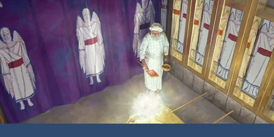 The high priest entering the Most Holy, carrying incense and burning coals.