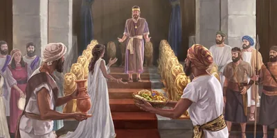 The queen of Sheba bringing gifts to King Solomon. He stands to welcome her. Singers and guards stand at the bottom of the steps leading to Solomon’s throne.