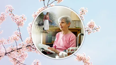 An elderly sister in a wheelchair reading the Bible. She visualizes herself in Paradise as a young woman walking away from her wheelchair.