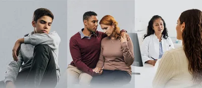 Collage: 1. A teenage boy looks sad and depressed. 2. A man comforts his distressed wife. 3. A woman talks with a medical professional.