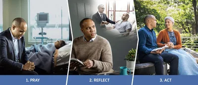 Collage: Steps we can take when facing anxiety. 1. Pray. A brother prays for his sick wife, who lies in a hospital bed. 2. Reflect. The brother remembers when he was in the hospital and another brother shared a scripture with him. 3. Act. The brother sits with his sick wife and shares a scripture with her.