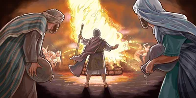 Elijah, the prophets of Baal, and others watching as fire from heaven consumes a burnt offering on an altar.