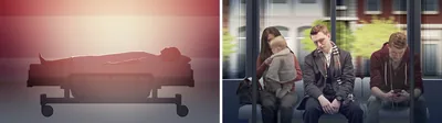 Collage: Scenes from the video ‘What Is the Condition of the Dead?​—Excerpt.’ 1. A corpse lies on a hospital bed. 2. A man sleeps between two people while traveling by train.