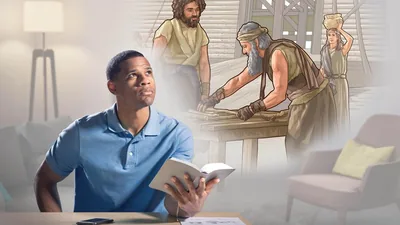 A brother meditating on what he is reading in the Bible. He visualizes Noah and his family building the ark.