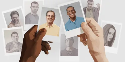 A black man holding a photo of a smiling white man, and a white man holding a photo of a smiling black man. In the background are photos of angry people.