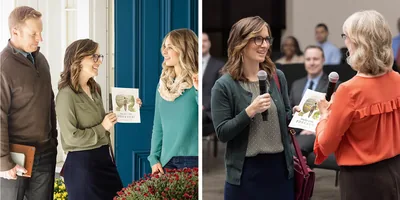 Collage: 1. A sister and her husband use the “Enjoy Life Forever!” brochure to talk with a woman at her home. 2. The same sister gives a presentation using the “Enjoy Life Forever!” brochure at the midweek meeting.