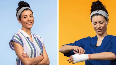 Collage: 1. A happy sister who has a bandaged finger. 2. The sister frowns as she pokes at her bandaged hand.