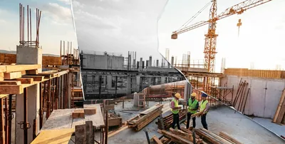A torn photograph of construction workers in a building that is under construction, discussing the project.