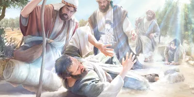 Saul lying on the ground, blinded by a flash of light. He is surrounded by other Jewish men.