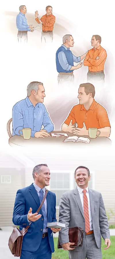 A Christian brother approaches a fellow believer several times to resolve a difference, and later they work together happily in the ministry