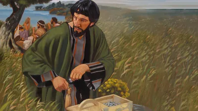 Judas Iscariot stealing a coin from the money box and putting it in his pouch.